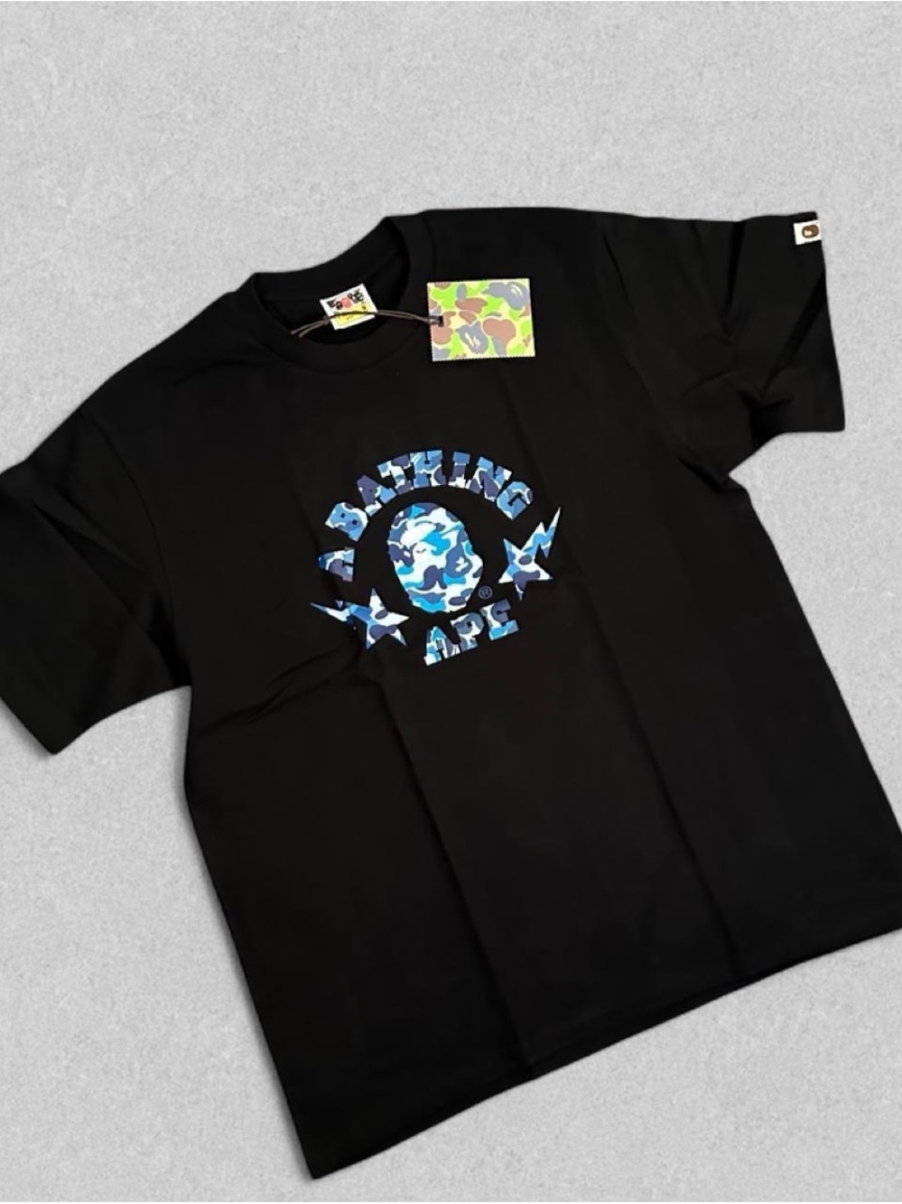 Bape Black Tee with Blue Camo Ape Head Logo